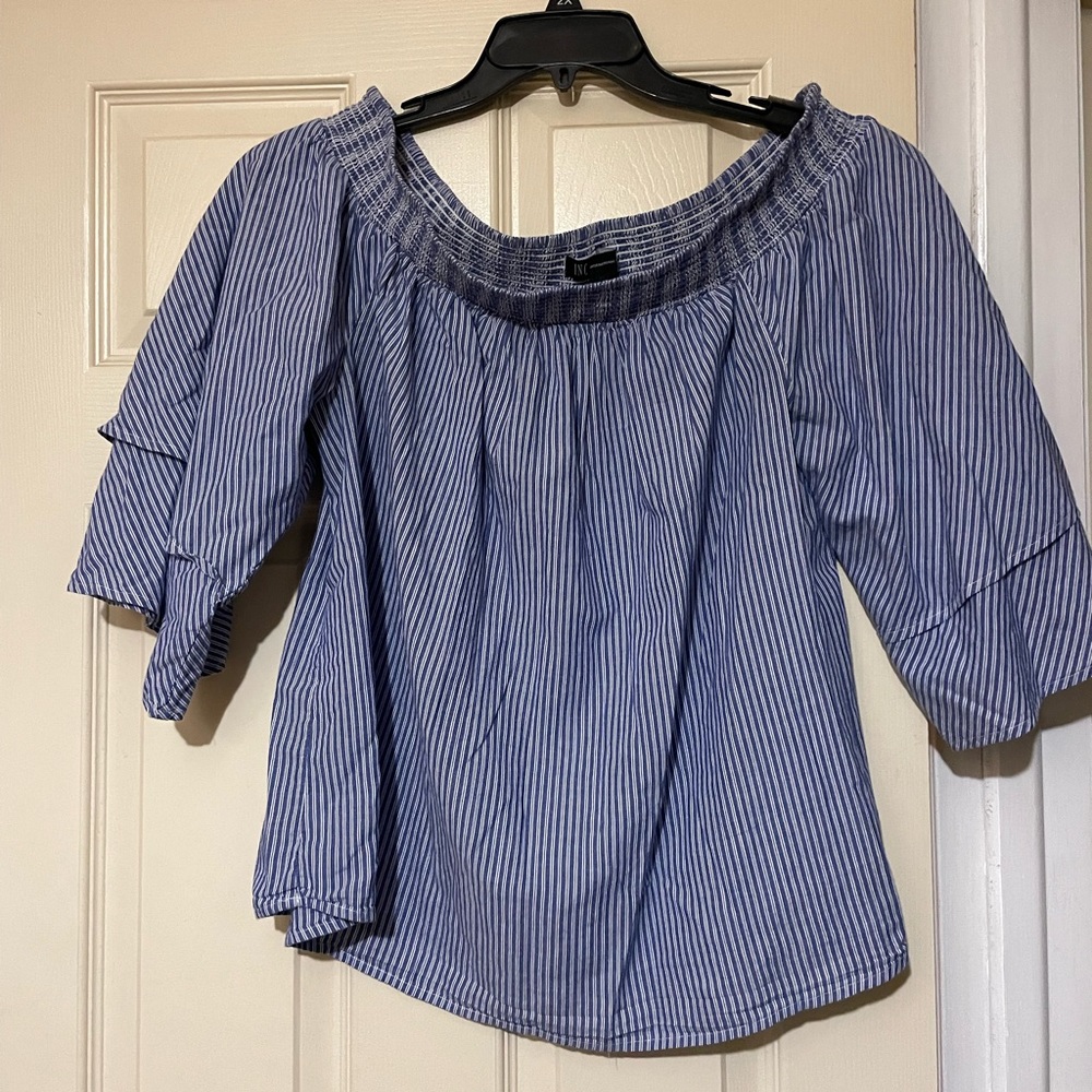 INC off the shoulder blue/white ladies blouse